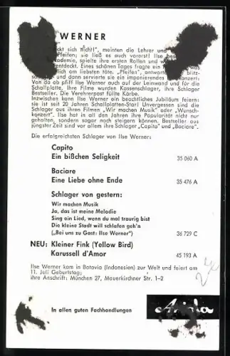 AK Sängerin Ilse Werner mit Kopftuch, Autograph