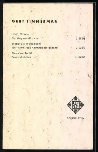 AK Musiker Gert Timmermann, Portrait im Anzug, Telefunken, Autograph