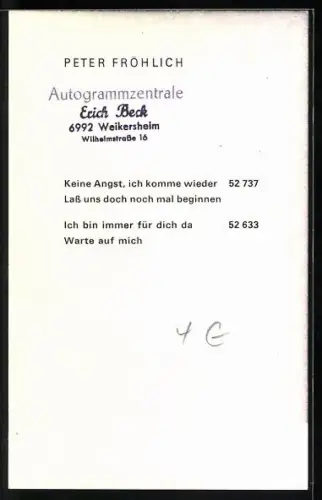 AK Musiker Peter Fröhlich lächelt in die Kamera, Autograph
