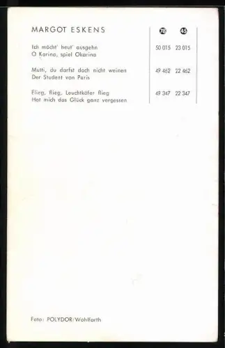 AK Sängerin Margot Eskens, Portrait im Halbprofil, Autograph