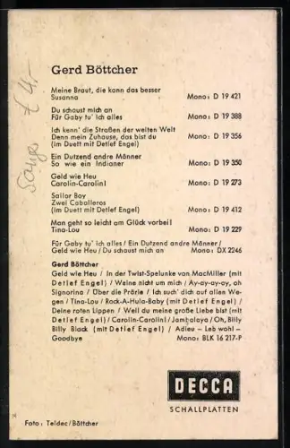 AK Sänger Gerd Böttcher, Portrait im Anzug, Autograph
