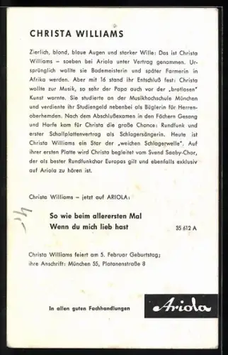 AK Sängerin Christa Williams blickt in die Kamera, Autograph