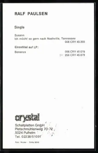 AK Sänger Ralf Paulsen im Porträt, Autograph