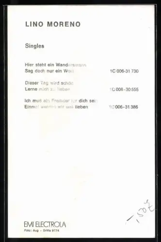 AK Musiker Lino Moreno blickt in die Kamera, Autograph