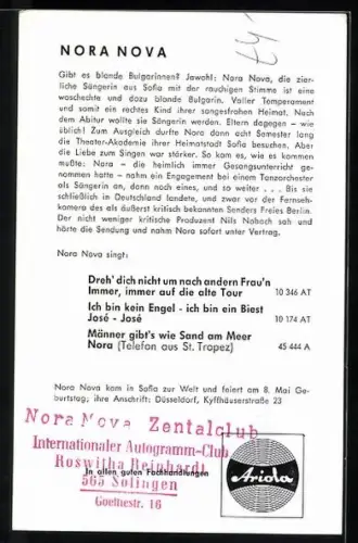 AK Musikerin Nora Nova am Telefon, Ariola, Autograph
