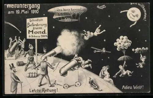 Künstler-AK Weltuntergang 19. Mai 1910, Menschen werden aus Kanonen zum Mond geschossen, Dackel