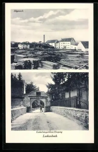 AK Lackenbach, Sägewerk, Mann mit Hund im Ortseingang