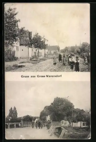 AK Grosswarasdorf, Brücke im Ort, Kinder auf einer Strasse