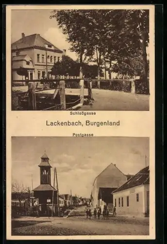 AK Lackenbach /Burgenland, Schlossgasse mit Brücke, Postgasse, Persil-Reklame