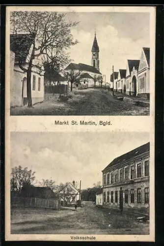 AK St. Martin /Bgld., Volksschule, Strassenpartie mit Blick zur Kirche