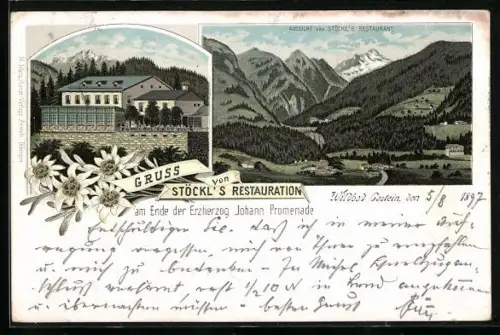 Lithographie Wildbad Gastein, Stöckl's Restauration, Aussicht von der Restauration auf gewaltiges Gebirgspanorama