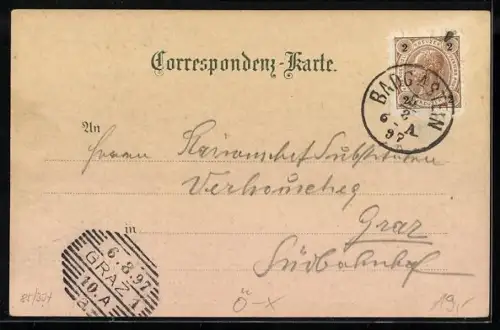 Lithographie Wildbad Gastein, Stöckl's Restauration, Aussicht von der Restauration auf gewaltiges Gebirgspanorama