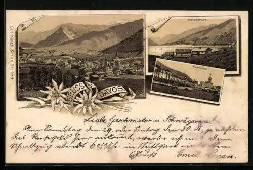 Lithographie Davos, Ortsansicht, Kurhaus und Davosersee