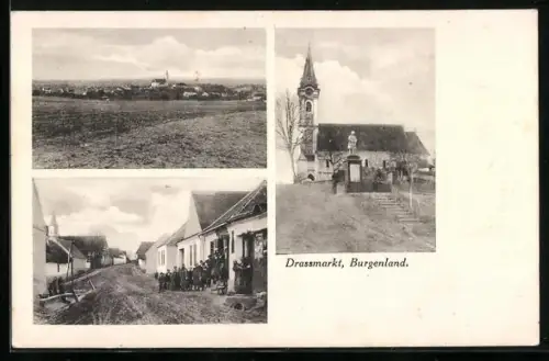 AK Drassmarkt /Burgenland, Blick zur Kirche mit Denkmal, Strassenpartie im Ort