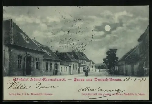 Mondschein-AK Deutsch-Kreutz, Strassenpartie im Vollmondlicht