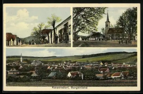 AK Kaisersdorf /Burgenland, Blick zur Kirche, Strassenpartie, Ortspanorama