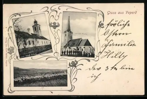 AK Weppersdorf, Veperd, Röm. kath. Kirche, Evang. Schule, Panorama mit Blick auf den Ort