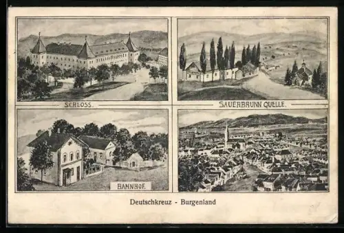 Künstler-AK Deutschkreutz /Burgenland, Bahnhof, Sauerbrunn Quelle, Schloss