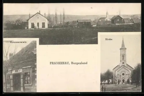 AK Frankenau /Burgenland, Konsumverein, Blick zur Kirche
