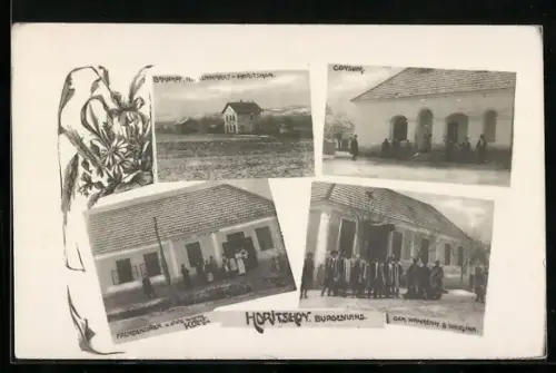 AK Horitschon /Burgenland, Bahnhof, Gasthof zur Bahn, Consum, Gem.warenh. B. Woigina