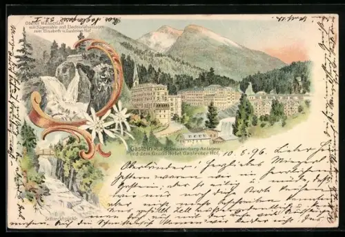 Lithographie Gastein, Oberer Wasserfall, Grand Hotel Gasteiner Hof