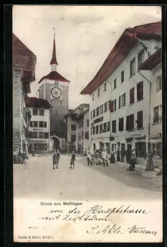 AK Mellingen, Strassenpartie mit Hotel Löwen und Blick zum Torbogen