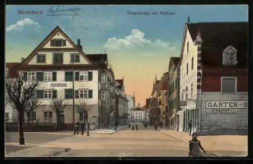 AK Rorschach, Hauptstrasse mit Rathaus und Gasthof-Restaurant Freihof