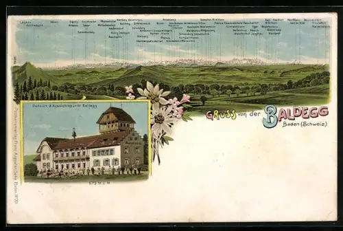 Lithographie Baldegg /Baden, Hotel Baldegg und Panorama der Berge