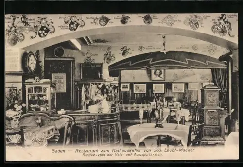 AK Baden, Restaurant zum Rathauskeller von Jos. Laubi-Maeder, Innenansicht