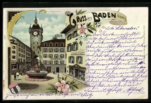 Lithographie Baden /Schweiz, Ortspartie am Hotel Engel