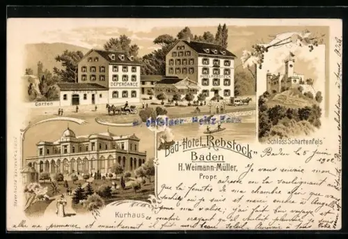 Lithographie Baden /Schweiz, Bad-Hotel Rebstock, Propr. H. Weimann-Müller, Kurhaus und Schloss Schartenfels