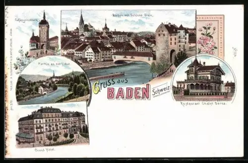 Lithographie Baden /Schweiz, Restaurant Chalet Berna, Grand Hotel, Gefängnisturm, Partie an der Limat, Ortsansicht