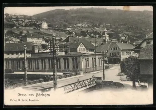 AK Bözingen, Ortspartie mit Brücke, Blick zum Hotel Rössli