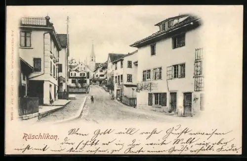 AK Rüschlikon, Strassenpartie mit Blick zur Kirche