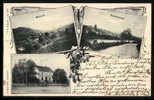 AK Weiach, Restaurant zum Bahnhof, Kaiserstuhl, Ortsansicht aus der Vogelschau