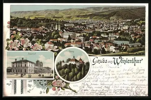 Lithographie Winterthur, Totalansicht mit Umgebung und Kirche, Bahnhof, Kyburg