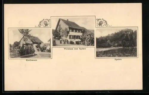 AK Bergdietikon, Kindhausen, Gasthaus zum Egelsee, Ortspartie und Egelsee