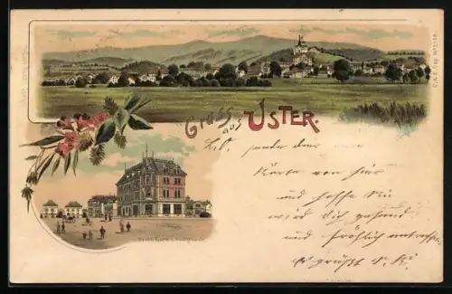 Lithographie Uster, Ortsansicht mit neuem Bank- u. Postgebäude