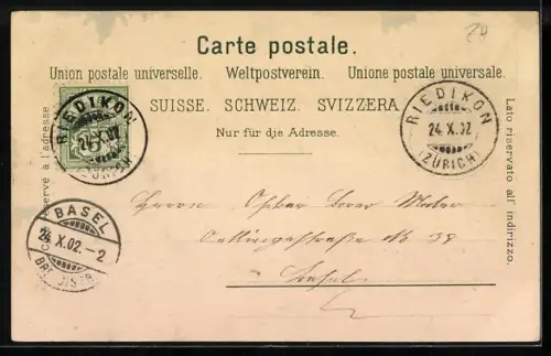 Lithographie Uster, Ortsansicht mit neuem Bank- u. Postgebäude