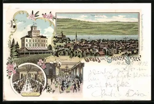 Lithographie Uster, Totalansicht, Schloss, Waffensaal, Tanzsaal