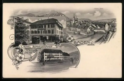 AK Baden /Schweiz, Hotel Schweizerhof, Bes. Ad. Baumgartner, Ortspartie von der Limmat aus gesehen, Gesamtansicht