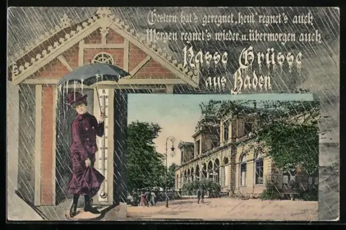 AK Baden /Aargau, Ortspartie, Frau mit Regenschirm