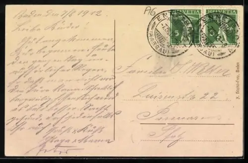 AK Baden /Aargau, Ortspartie, Frau mit Regenschirm