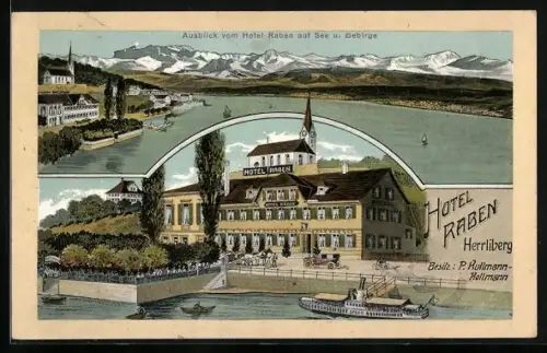 Künstler-AK Herrliberg, Hotel Raben mit Ausblick auf See und Gebirge