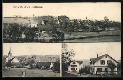 AK Hirzel, Gesamtansicht, Blick zur Kirche, Strassenpartie