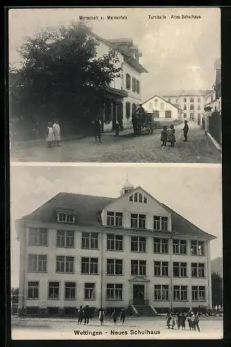 AK Wettingen, Neues Schulhaus, Strasse mit Gasthof zum Marmorfels, Turnhalle und altem Schulhaus