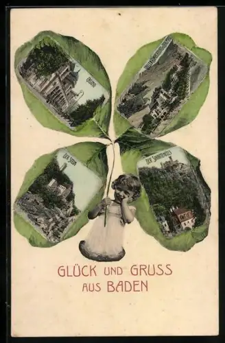 AK Baden, Casino, Villen Römerburg und Langmatt, Der Stein und der Schartenfels, Kleeblatt-Passepartout