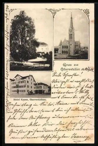 AK Oberwetzikon, Hotel Krone, Kirche und Ortspartie