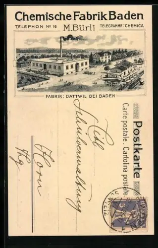 Lithographie Dättwil bei Baden, Chemische Fabrik von M. Bürli