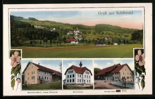 AK Schmiedrued, Schiltwald, Restaurant Resi, Spezereihandl. Hans Dätwyler, Schulhaus